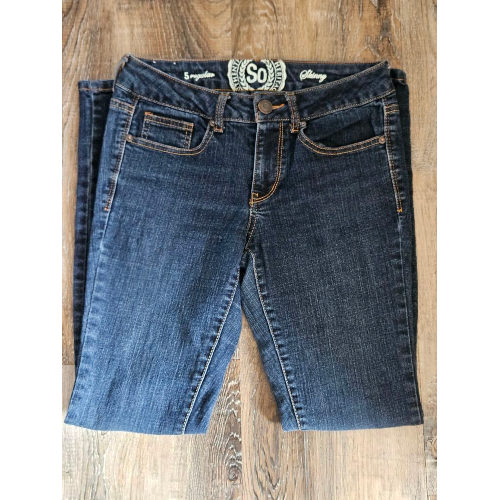 Women's SO Dark Blue Skinny Jeans Juniors 5 with Orange Stitching - Picture 3 of 4